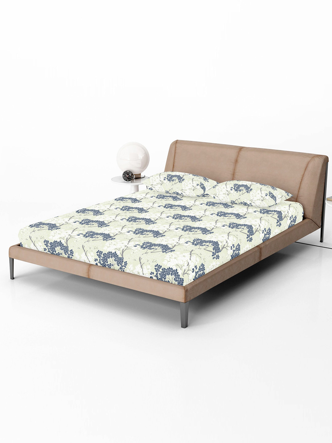 Divine Casa Cream Floral Cotton 144 TC Fitted Queen Bedsheet with 2 Pillow Covers-150 x 200 x 25 cm