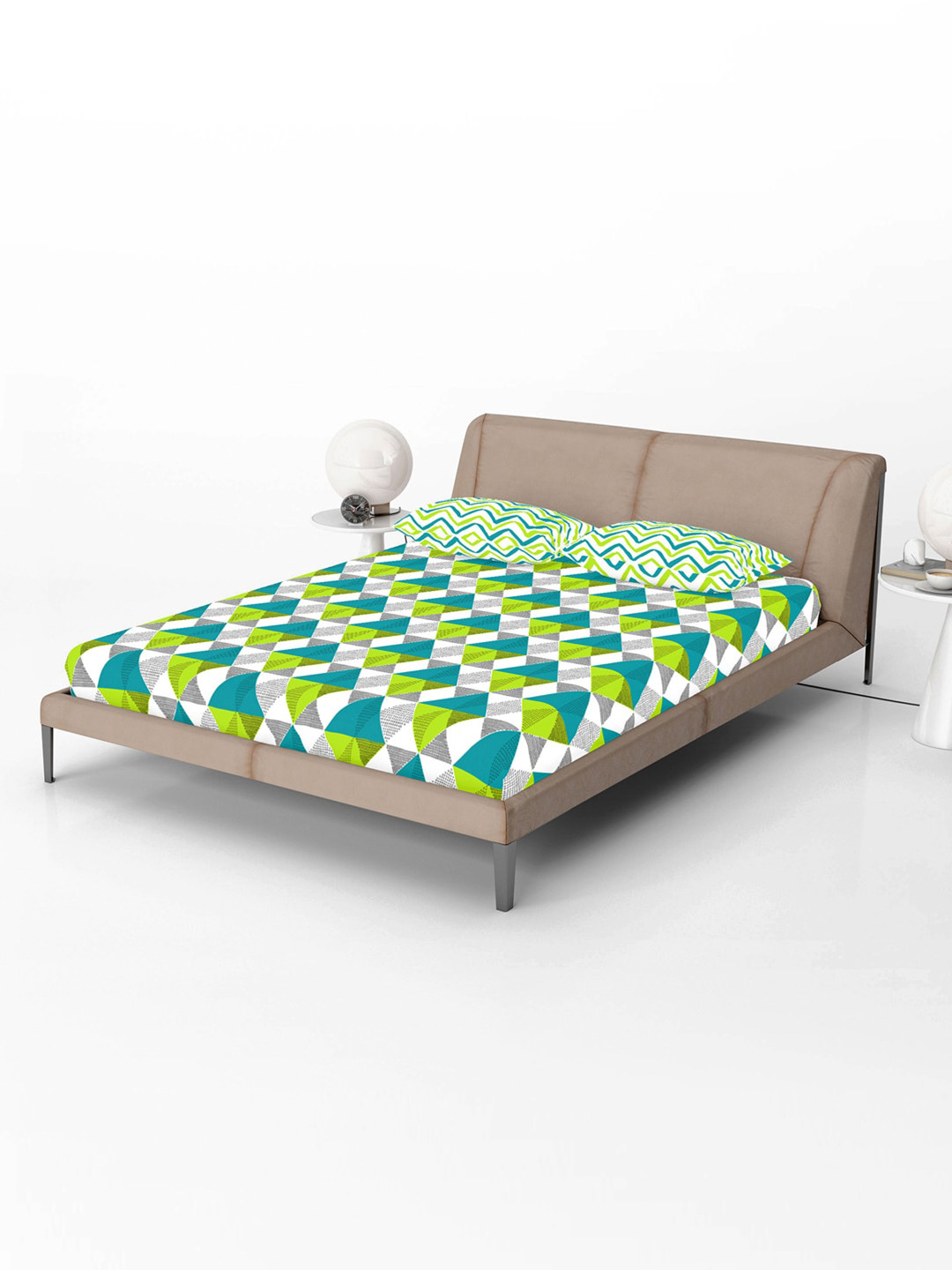 Divine Casa Aqua Lime Floral Cotton 144 TC Fitted Double Bedsheet with 2 Pillow Covers