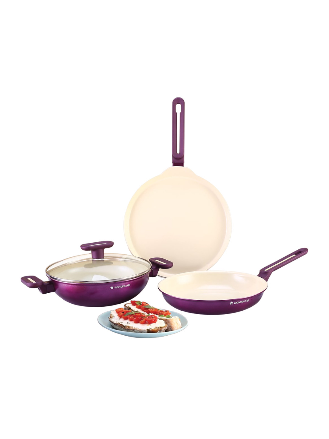 Wonderchef Bellagio 4-Pcs Purple Ceramic Non-Stick Cookware Set