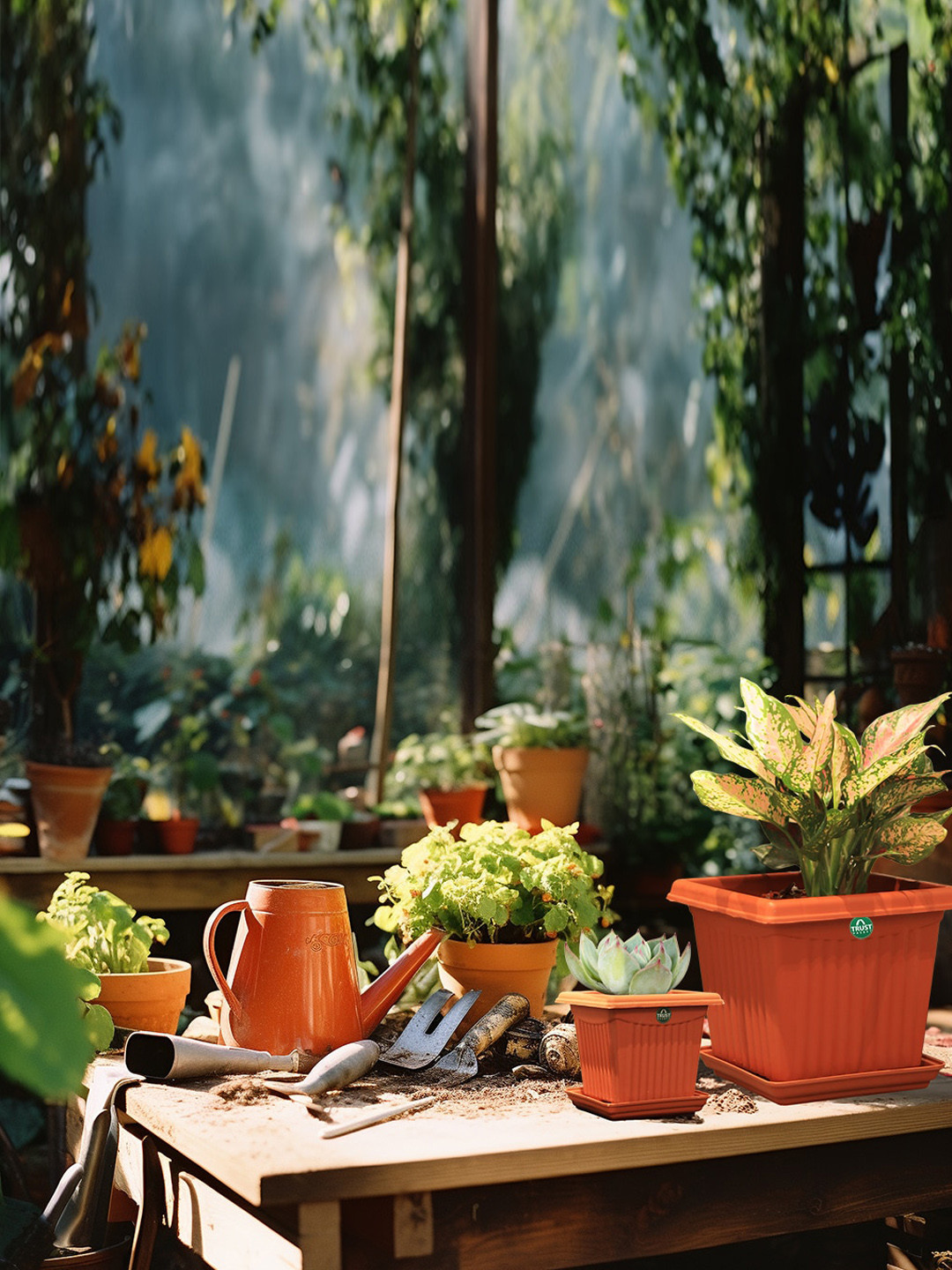 TRUSTBASKET Brown 3 Pieces Square Planter with Saucer