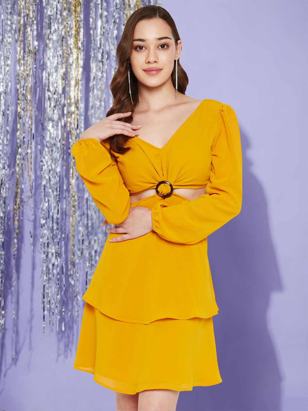 Martini V Neck Puff Sleeve Cut-Out Detail Sheath Dress