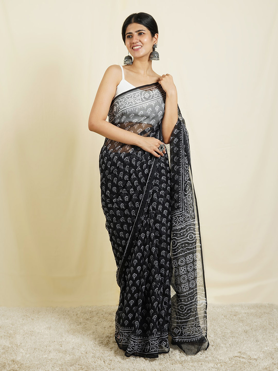 TEEJH Black Ethnic Motifs Printed Kota Saree