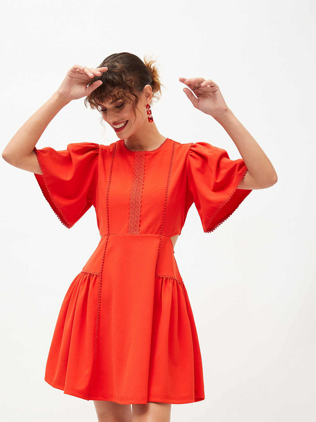 SASSAFRAS Flared Sleeves Lace Inserts And Cut Outs Detail Fit & Flare Dress