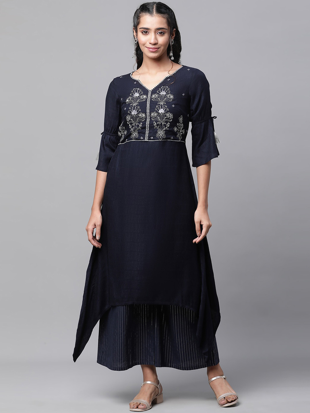 AURELIA Navy Blue & White Floral Yoke Design Thread Work A-Line Kurta with Palazzos