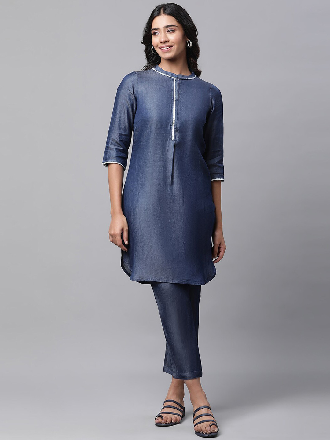 AURELIA Mandairn Collar Straight Pure Cotton Kurta with Palazzos