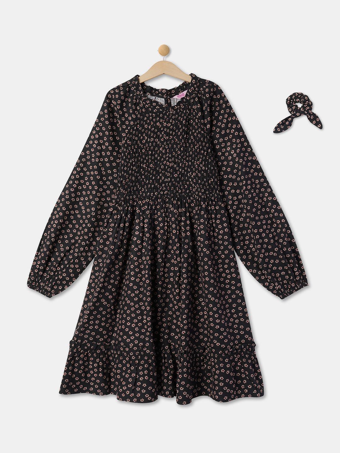 R&B Floral Printed Puff Sleeve A-Line Cotton Dress With Scrunchie