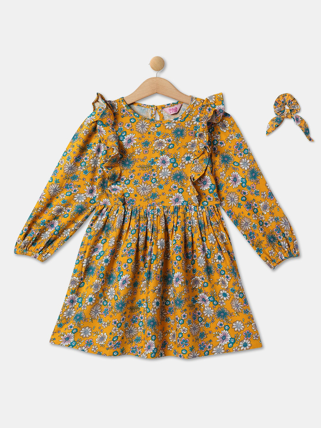 R&B Yellow Floral Printed Puff Sleeve Cotton A-Line Dress