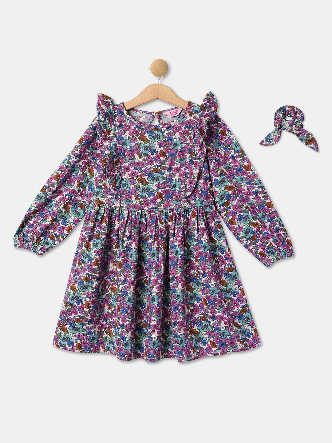 R&B Floral Printed Ruffles Detail Puff Sleeve A-Line Cotton Dress With Scrunchie