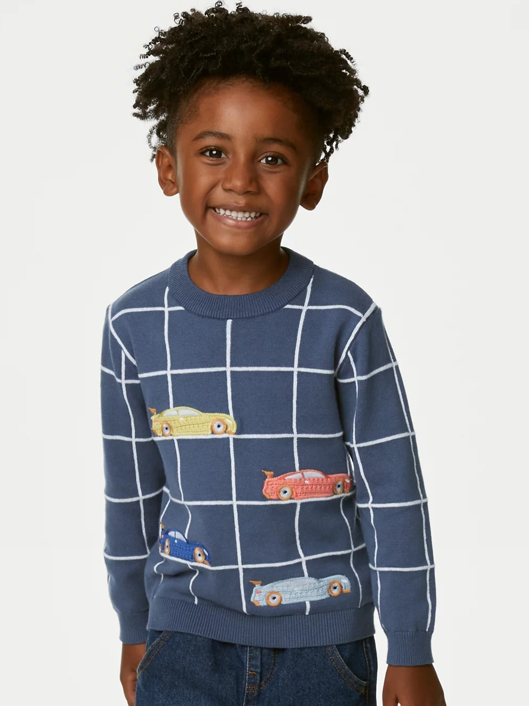 Marks & Spencer Boys Checked Embroidered Ribbed Cotton Pullover