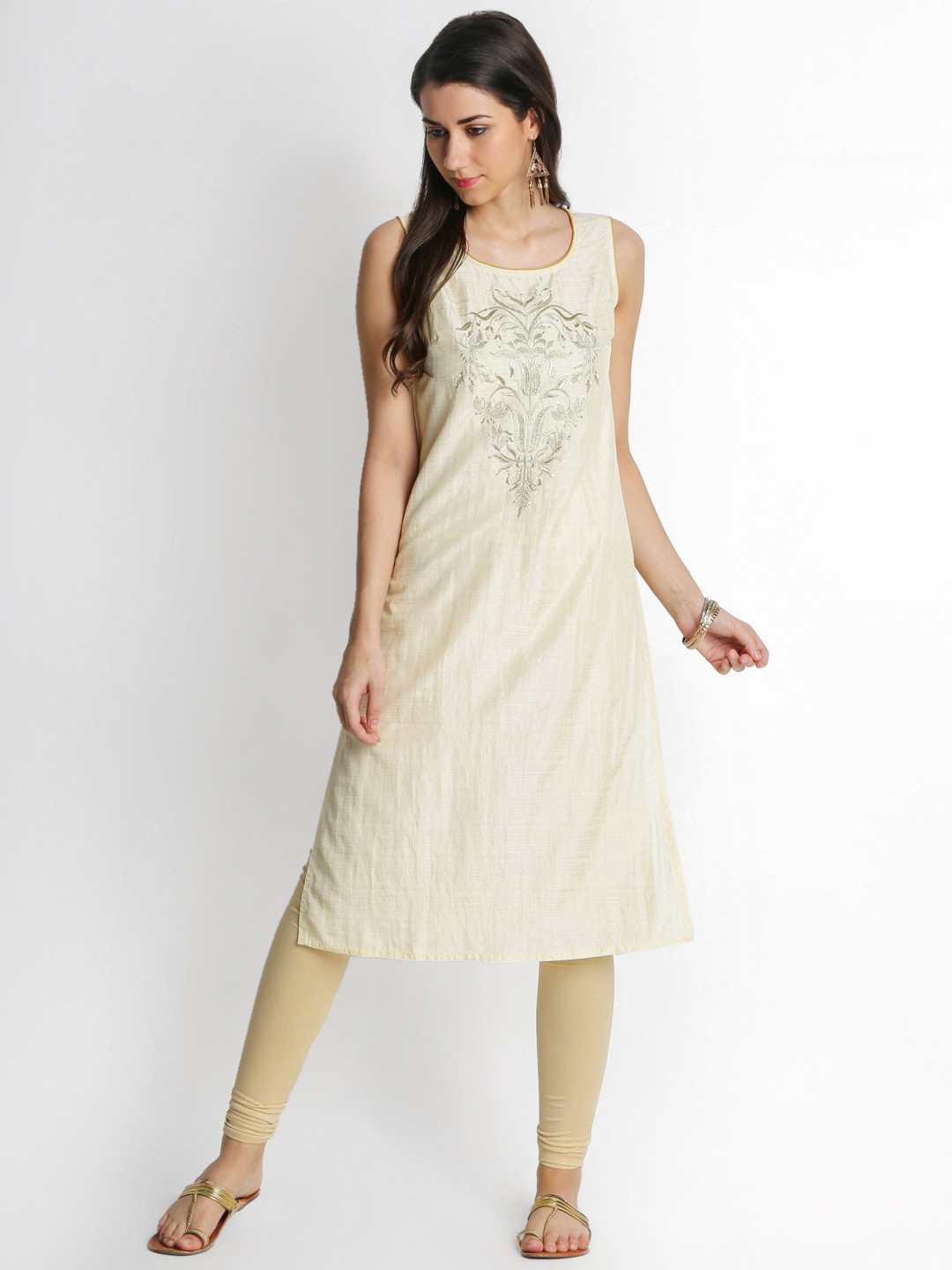 TRISHAA BY PANTALOONS Women Cream-Coloured Yoke Design A-Line Handloom Kurta