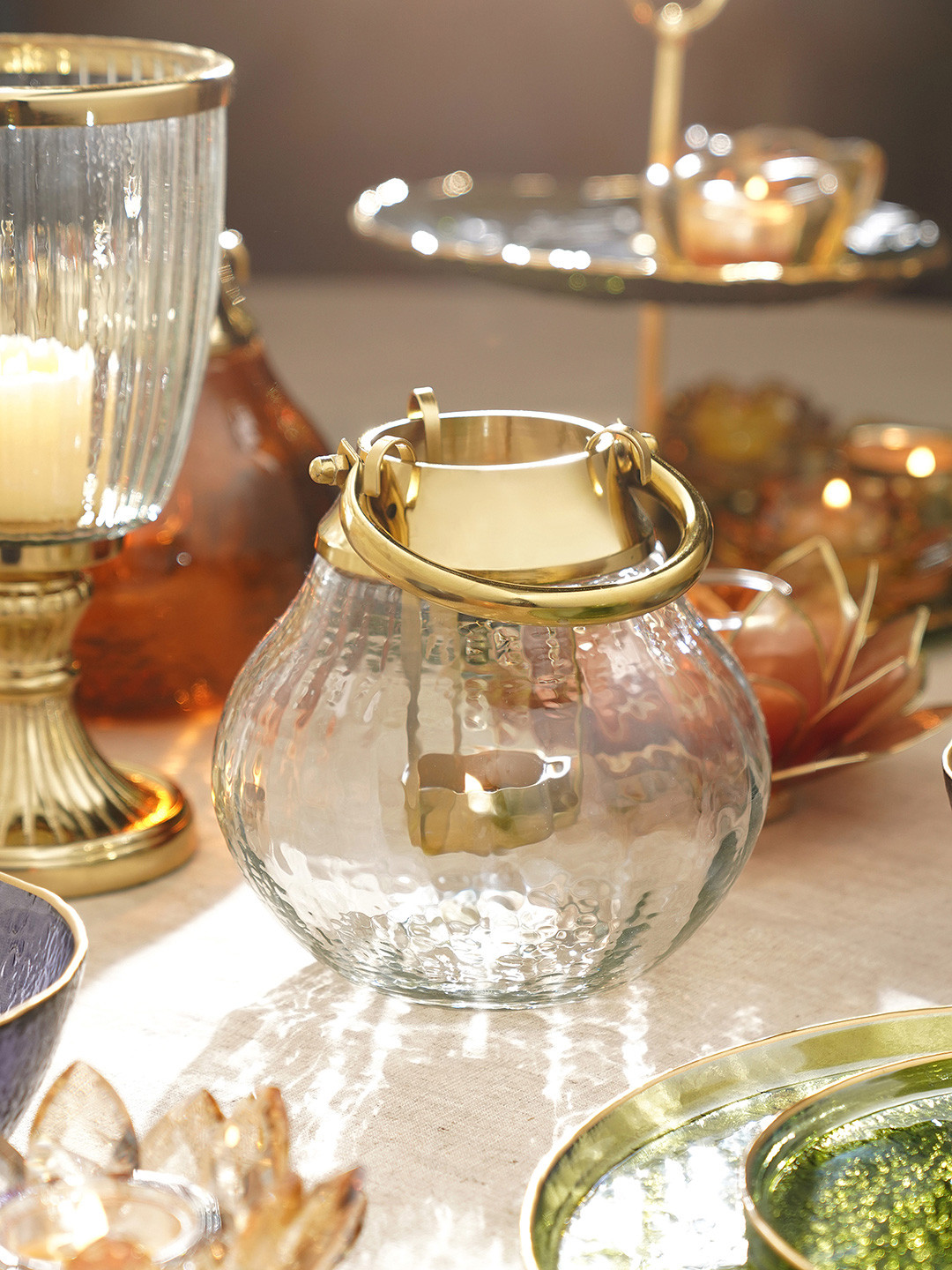 Pure Home and Living Transparent & Gold-Toned Textured Clear Glass Tea Light Holder