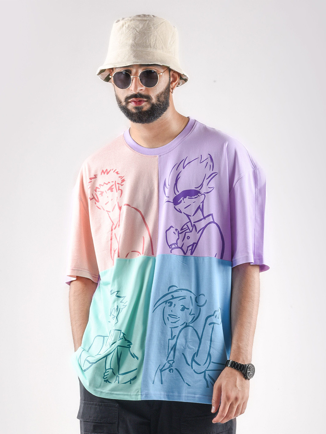 COMICSENSE Jujutsu Kaisen Printed Drop-Shoulder Sleeves Bio Finish Cotton Oversized Tshirt