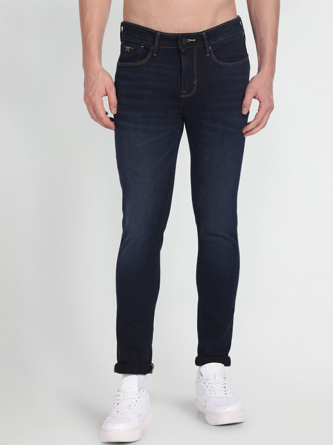 Flying Machine Men Skinny Fit Mid-Rise Dark Shade Light Fade Clean Look Stretchable Jeans