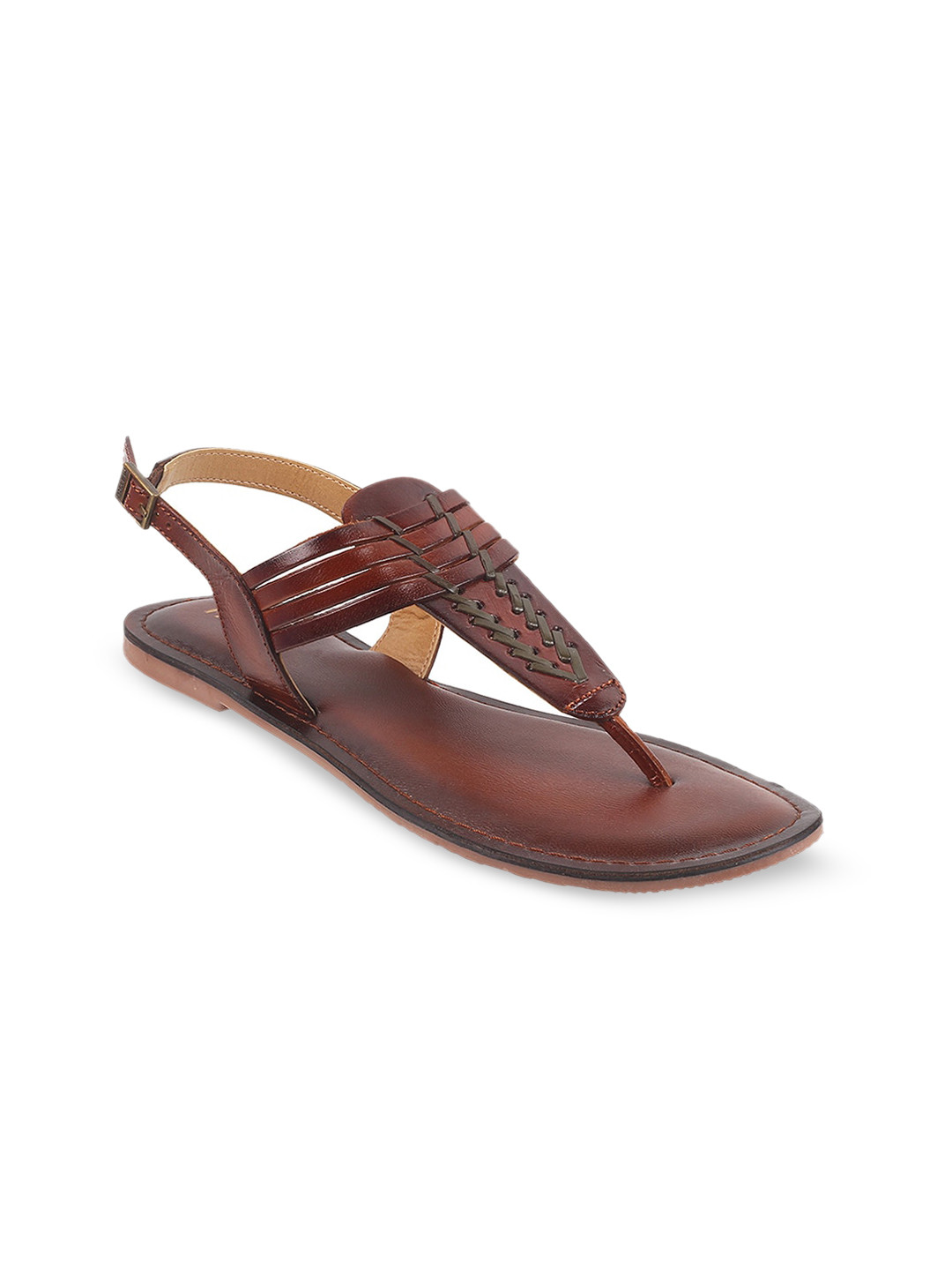 Metro Braided  Leather T-Strap Flats With Buckle Closure