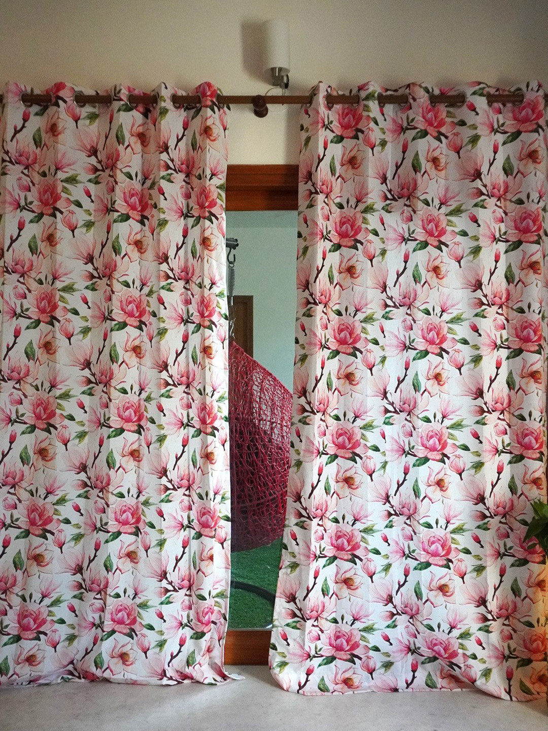 TARA- Sparkling Homes Magnolia Trails White & Pink Floral Linen Long Door Curtain