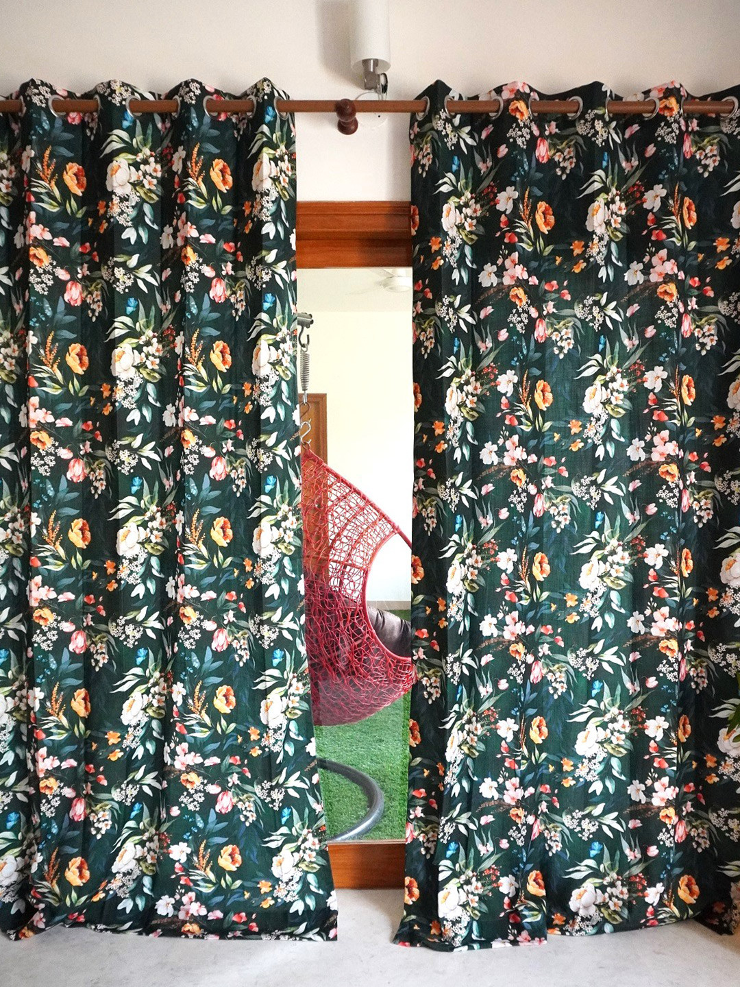 TARA- Sparkling Homes Windsor Vista Green & White Floral Linen Door Curtain