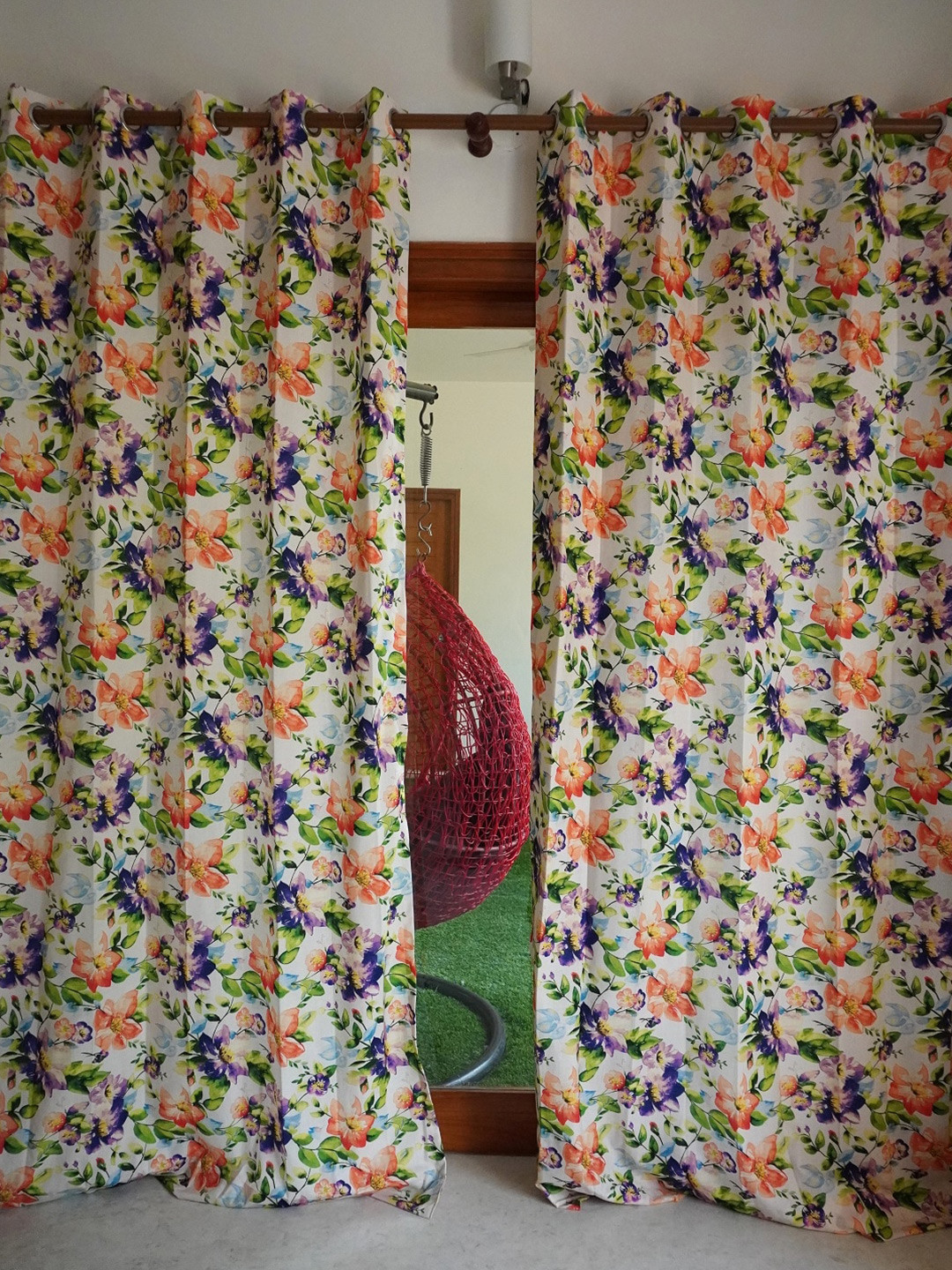 TARA- Sparkling Homes White & Orange Floral Long Door Curtain