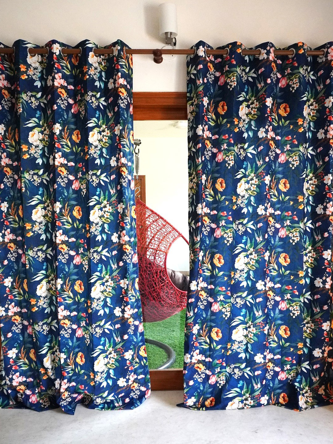 TARA- Sparkling Homes Windsor Vista Blue & Red Floral Linen Door Curtain