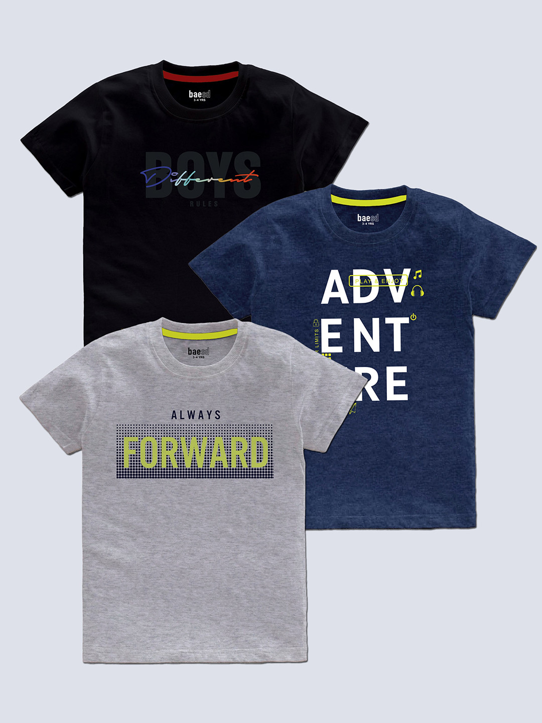 BAESD Boys Pack Of 3 Typography Printed Round Neck T-shirt