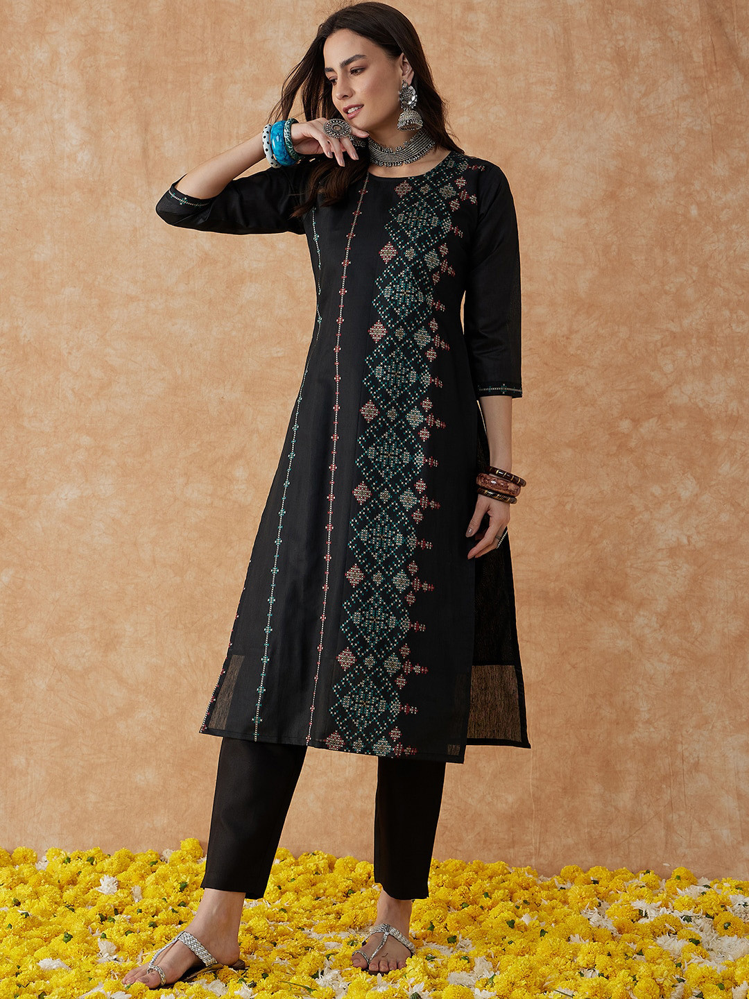 Sangria Embroidered Straight Kantha Work Chanderi Silk Kurta With Trouser & Dupatta Set