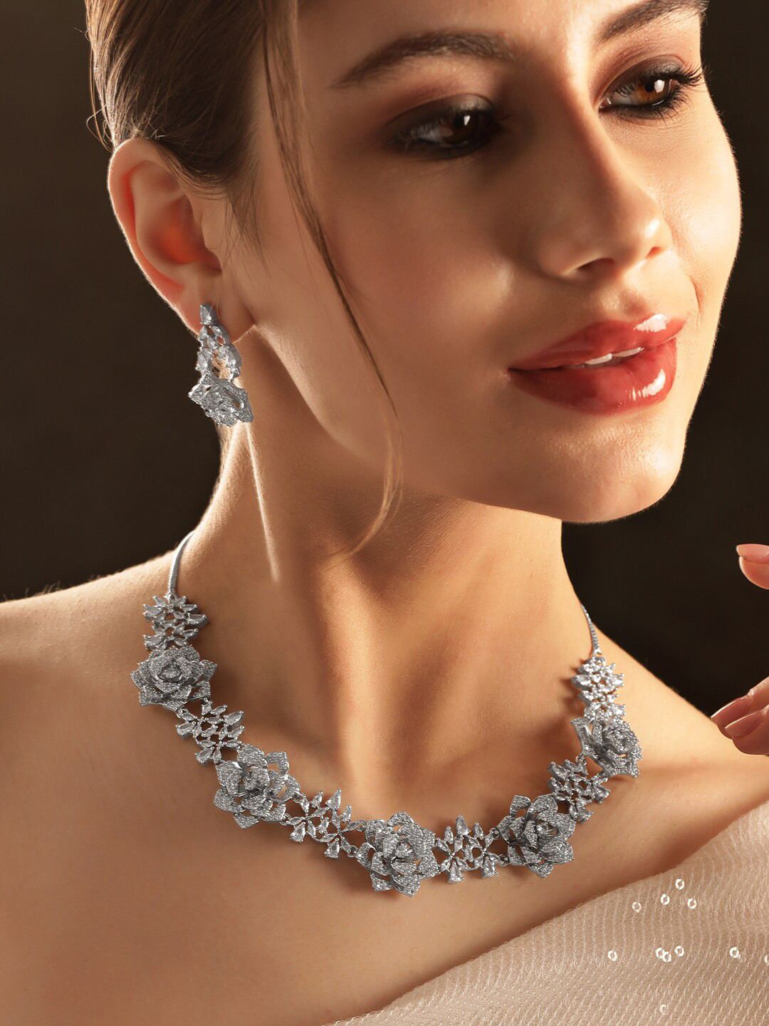 Rubans Rhodium-Plated AD & Zirconia-Studded Rose Floral Motif Detail Necklace & Earrings