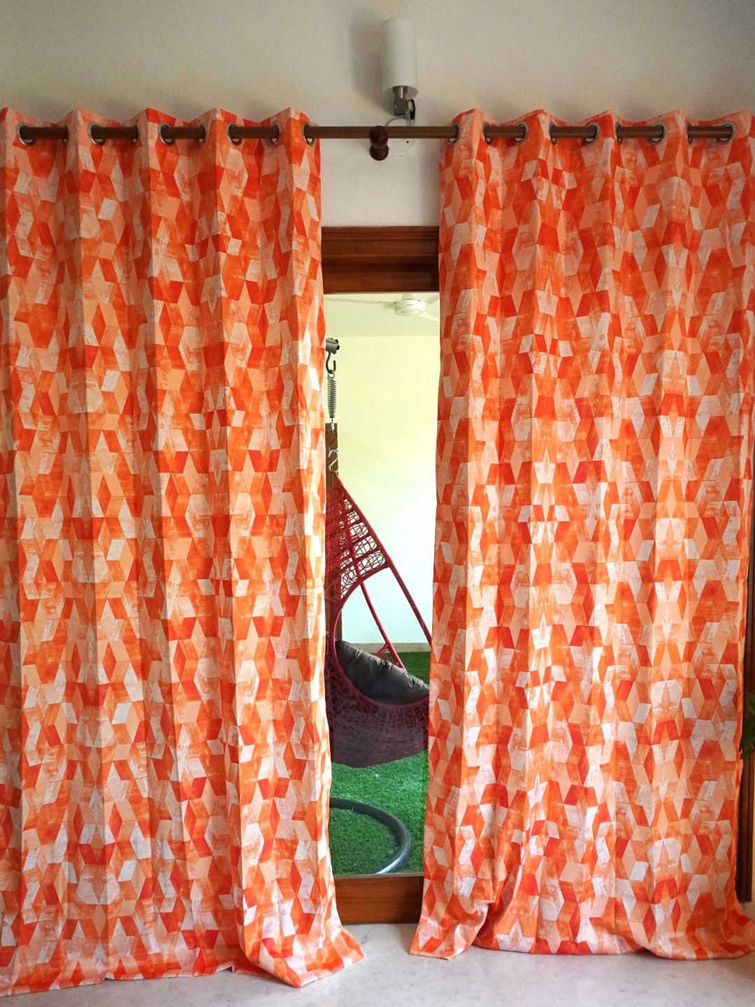 TARA- Sparkling Homes Orange & White Geometric Window Curtain
