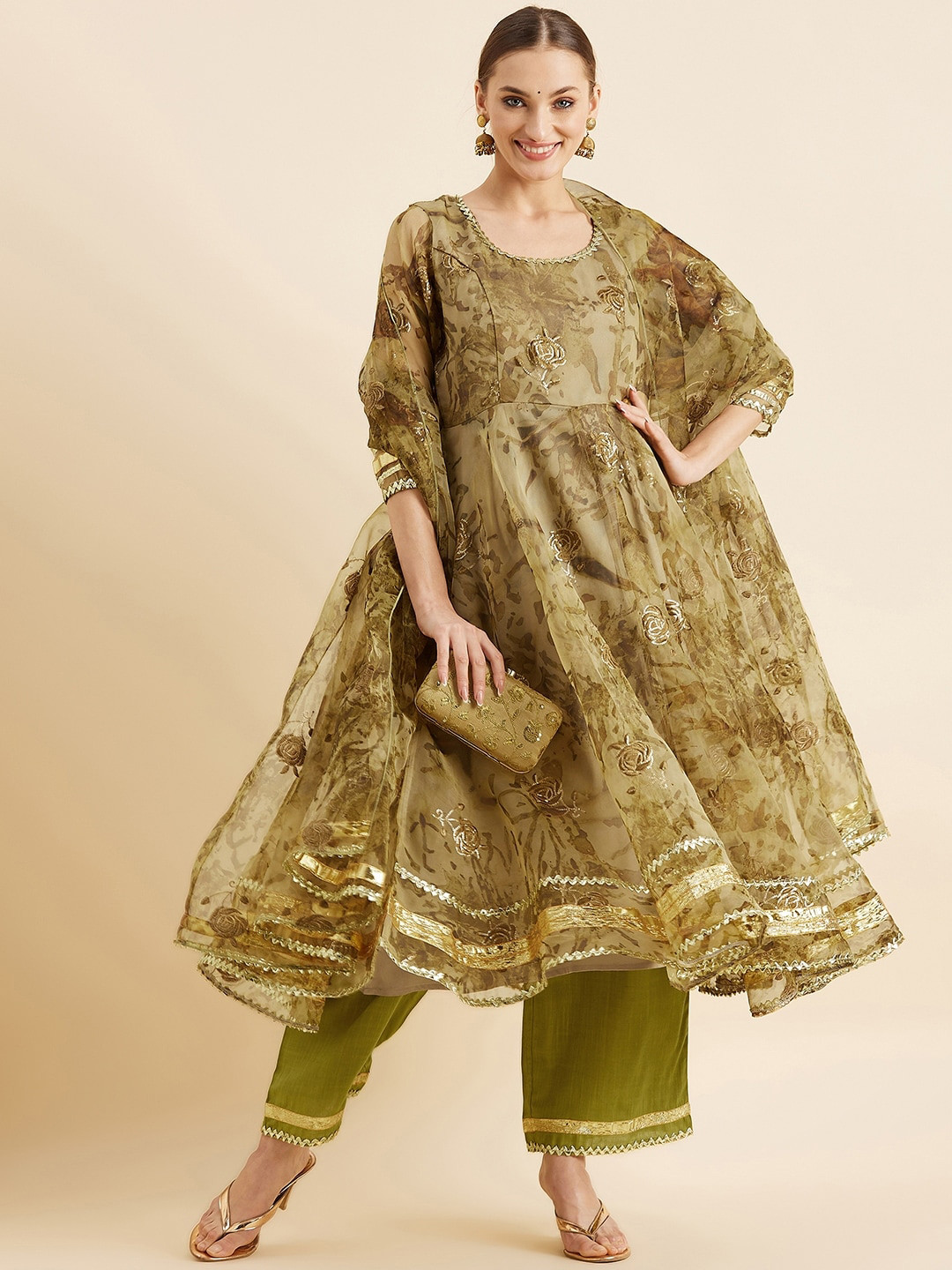 PANIT Embroidered Empire Gotta Patti Anarkali Kurta with Trousers & Dupatta