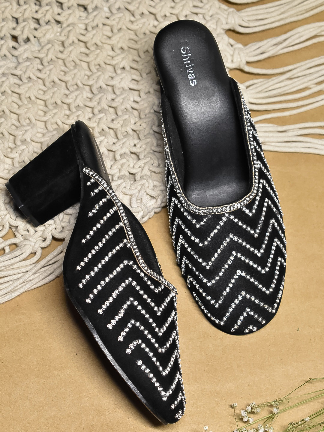 SHRIVAS BY ARCHITA MEHTA Embellished Suede Ethnic Block Mules