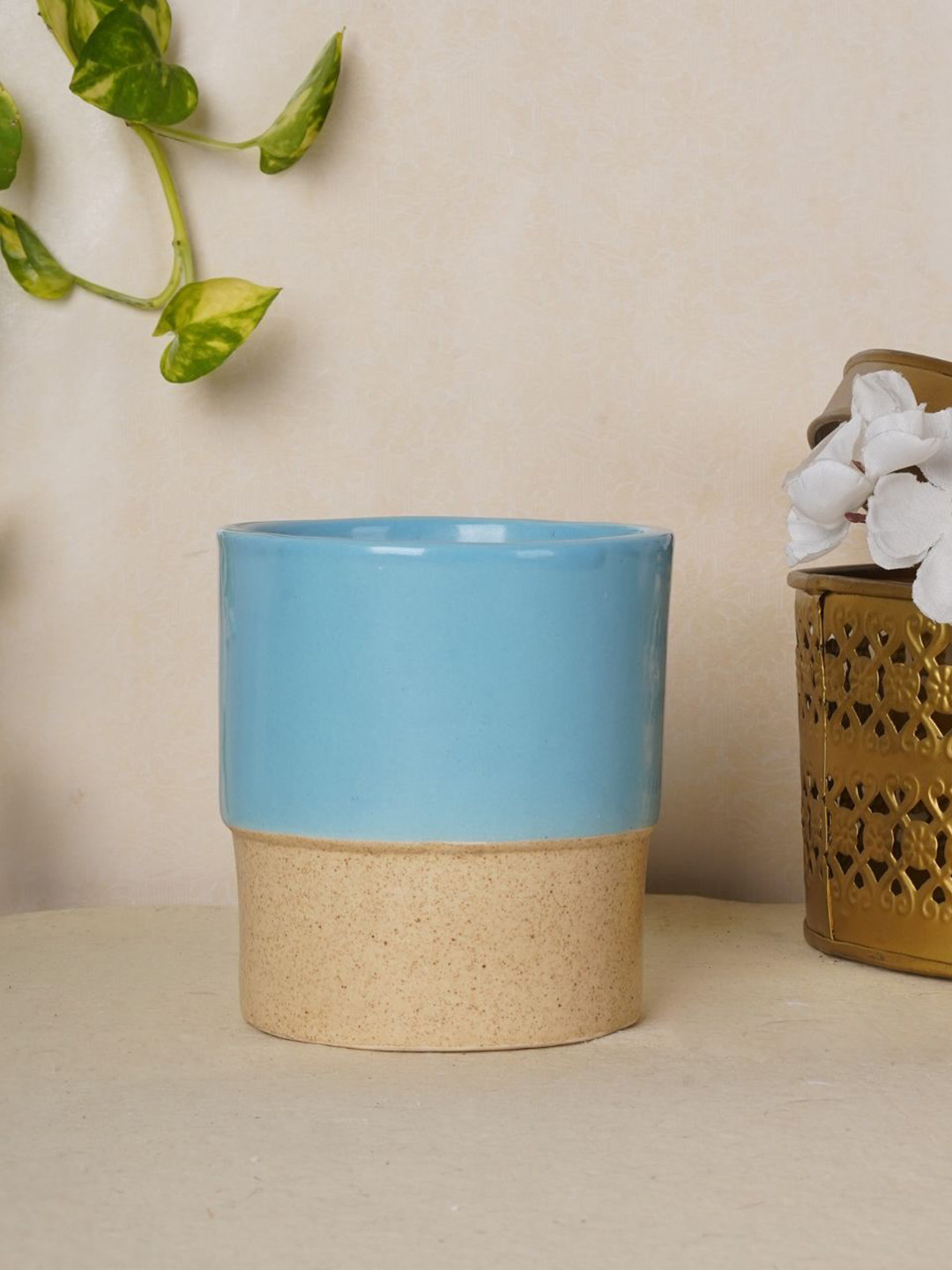 ecofynd Blue & Brown Ceramic Planter Pot