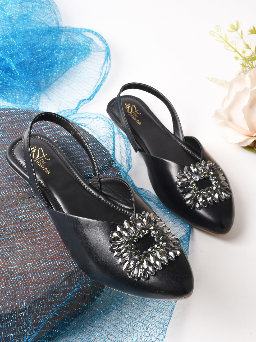 THE WHITE POLE Embellished Pointed Toe Slingback Flats