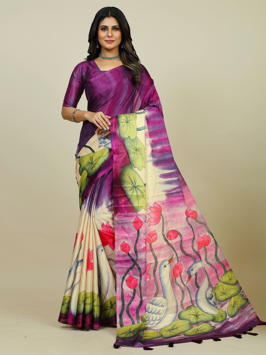 Mitera Purple & Green Floral Printed Dabu Saree