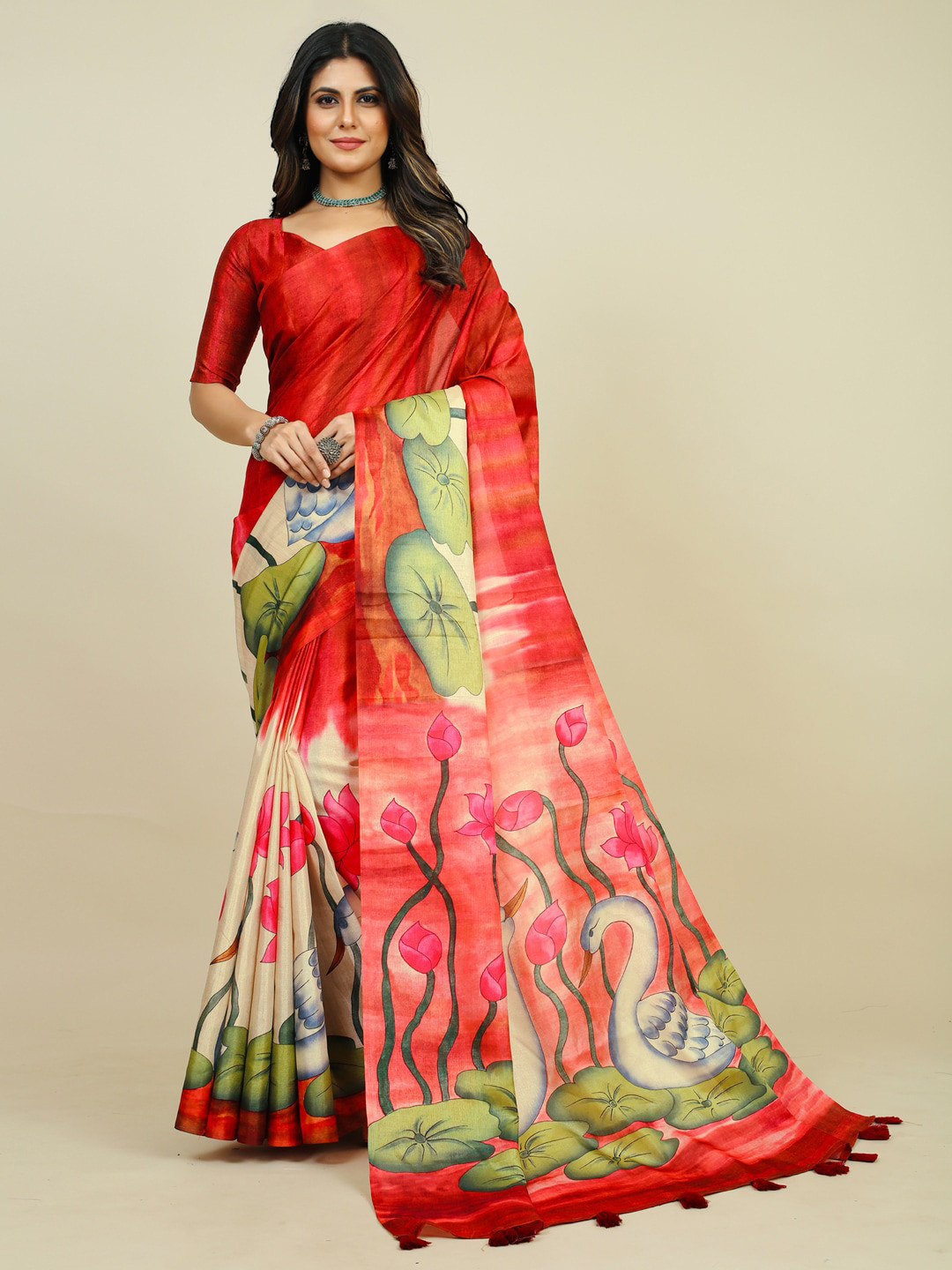 Mitera Pink & Green Floral Printed Dabu Saree