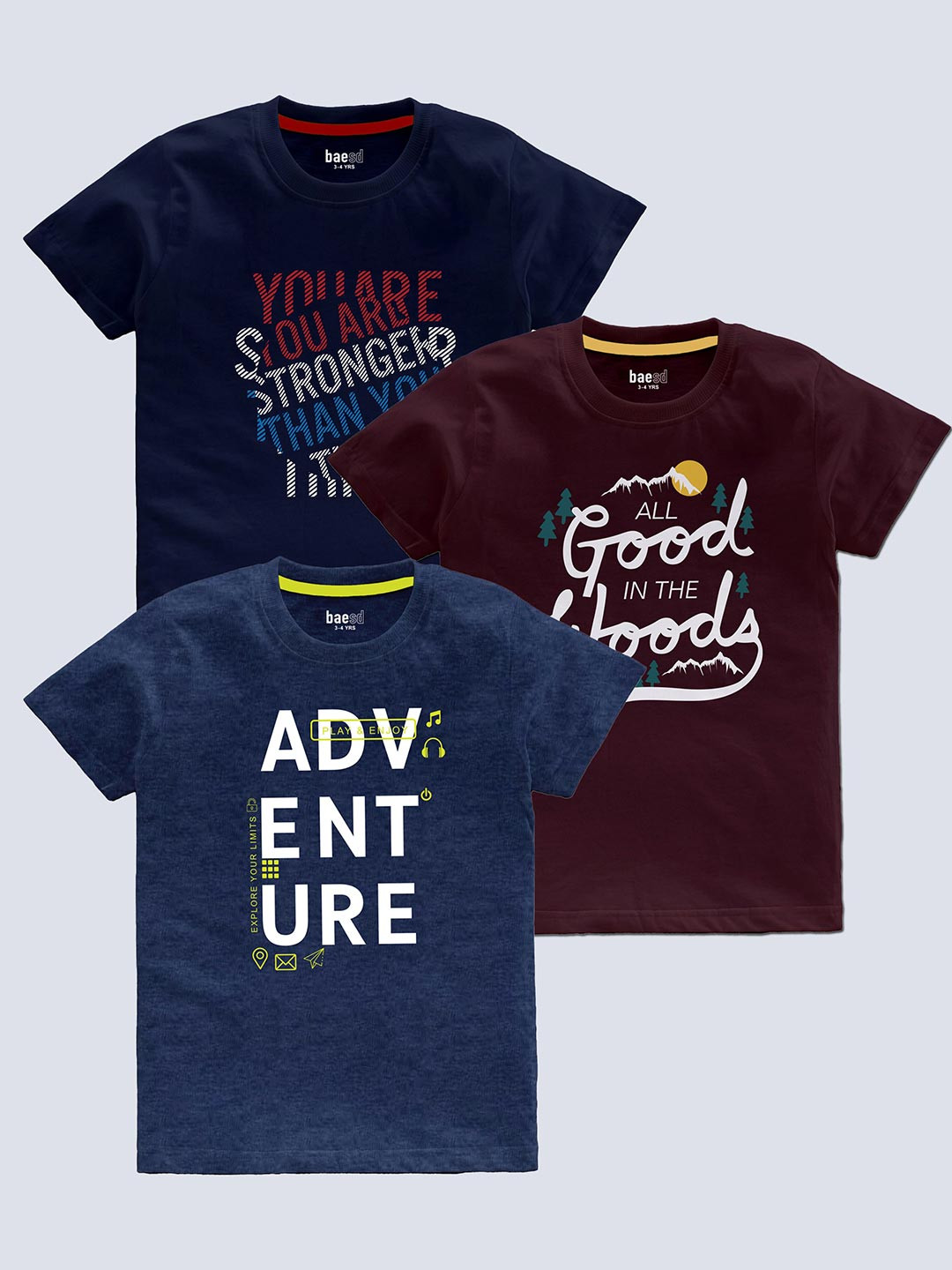 BAESD Boys Pack Of 3 Typography Printed T-shirt
