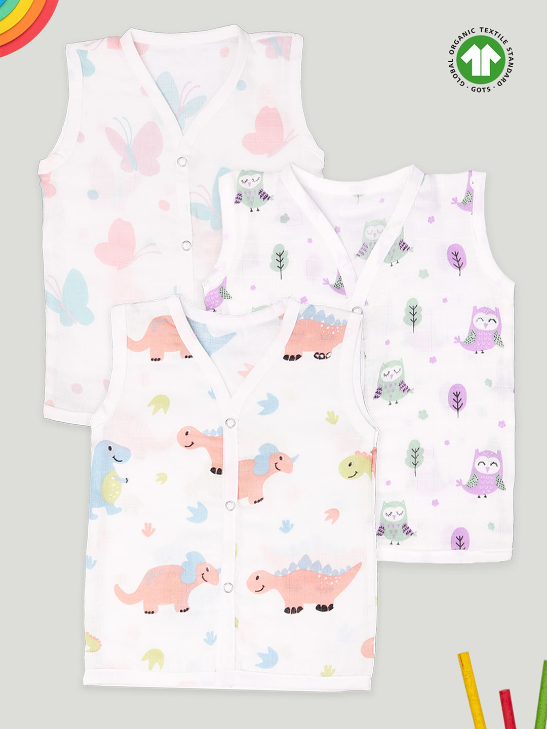 Kidbea Unisex Baby Pack of 3 Printed Cotton Muslin Jhabla