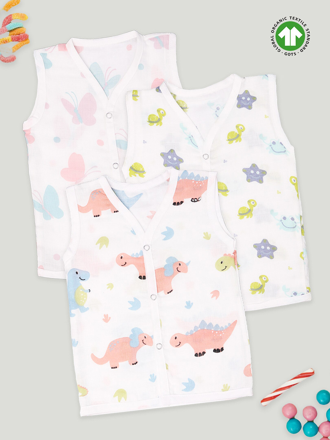 Kidbea Unisex Baby Pack of 3 Printed Cotton Muslin Jhabla