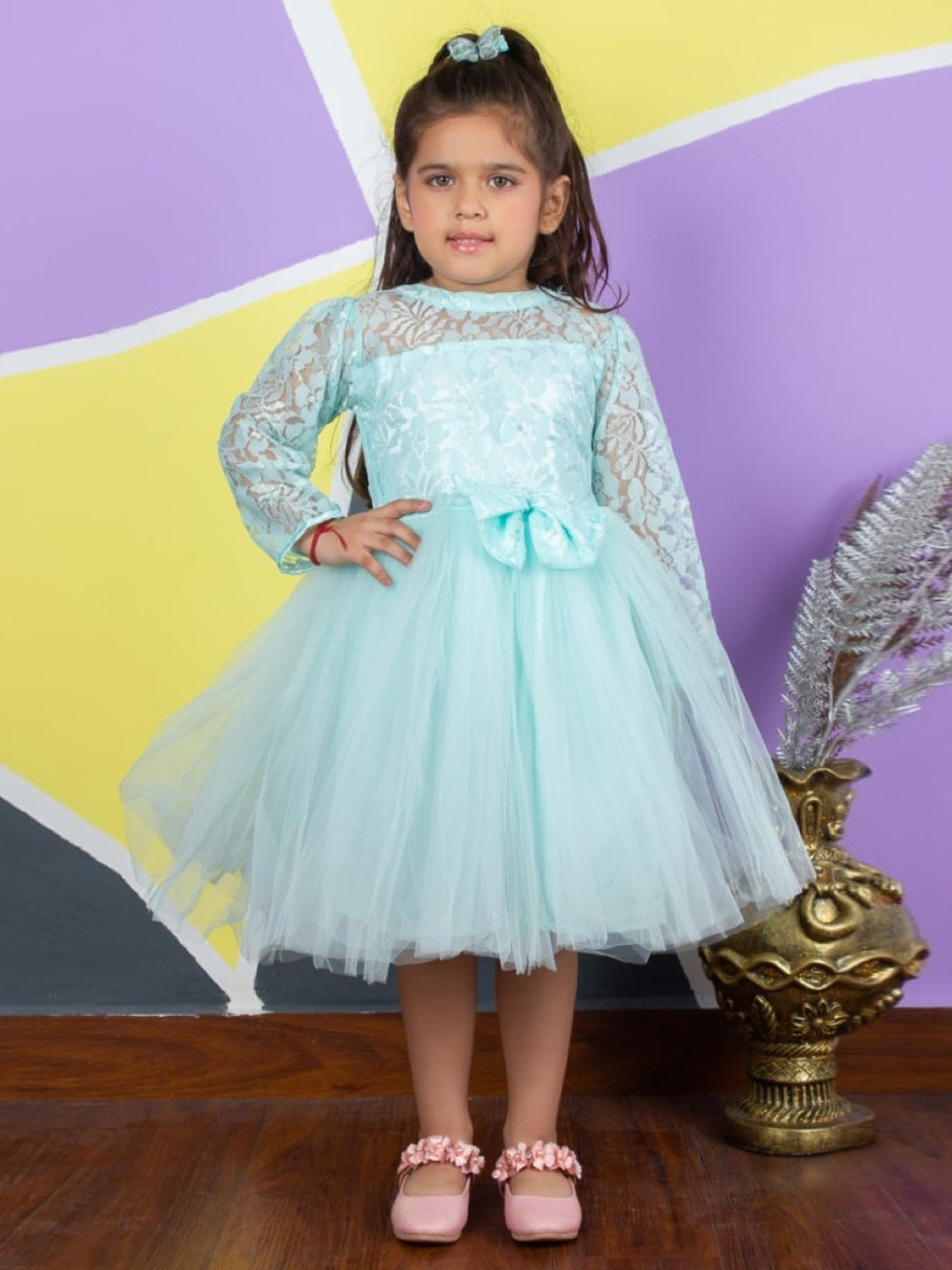 Bella Moda Girls Self Designed Long Sleeves Satin Fit & Flare Midi Dress