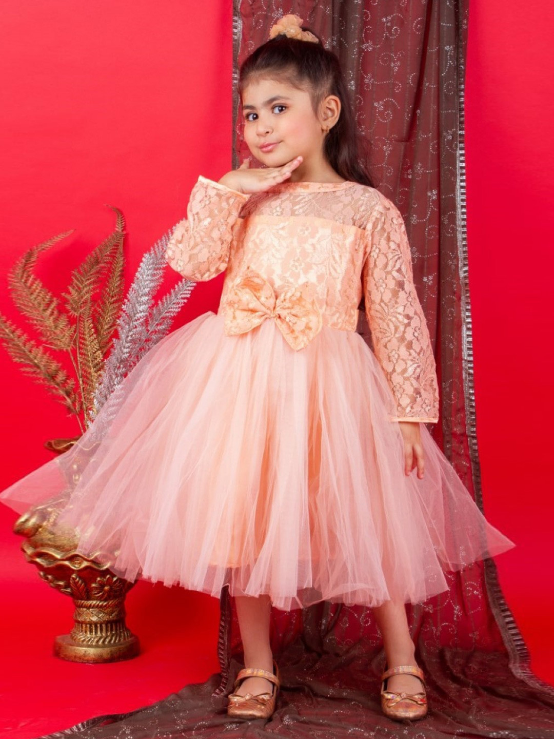 Bella Moda Girls Self Designed Long Sleeves Satin Fit & Flare Midi Dress