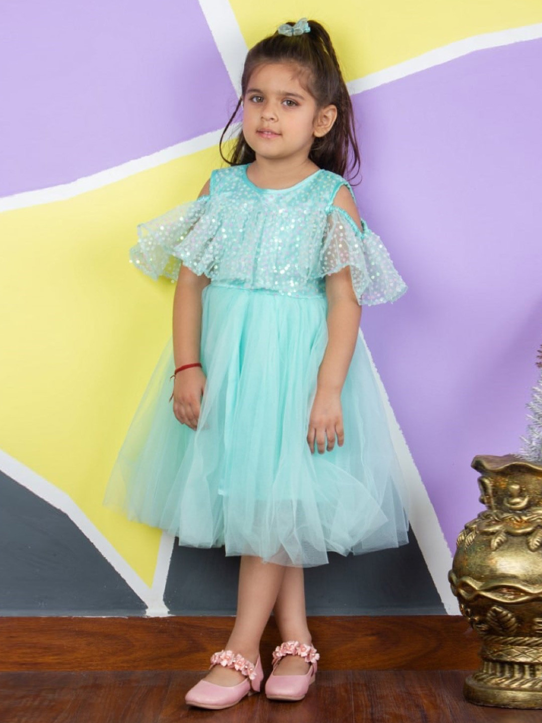 Bella Moda Girls Embellished Cold-Shoulder Sleeves Satin Fit & Flare Midi Dress