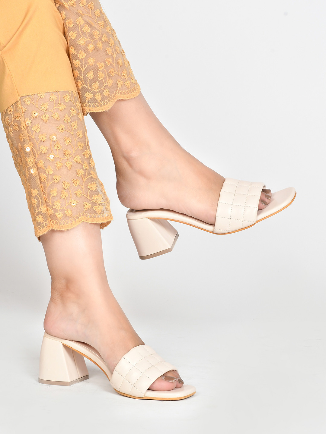 JM Looks Cream Square Toe Block Heels