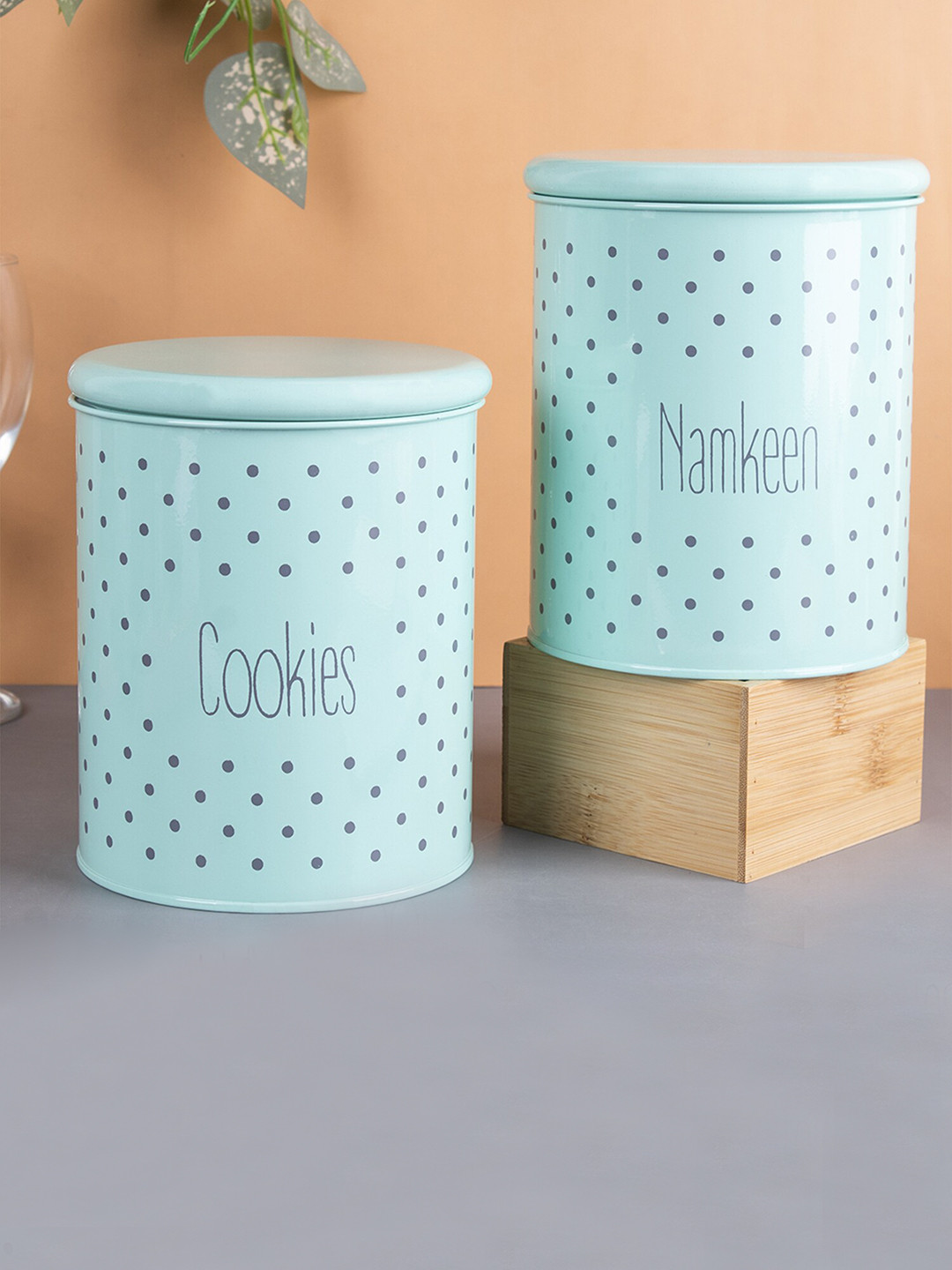 Market99 Blue Polka Dots Metal 2 Piece Flip Top Canister-1.7L