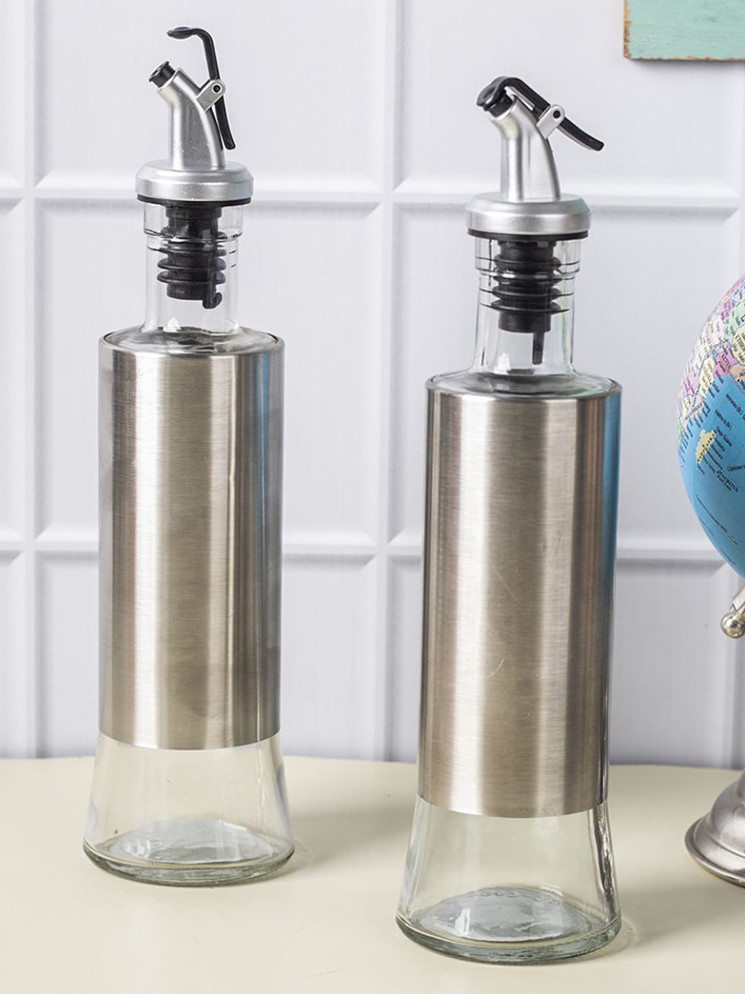 MARKET99 Silver Toned & Black 2 Pieces Glass Oil Dispensers 350 ml Each