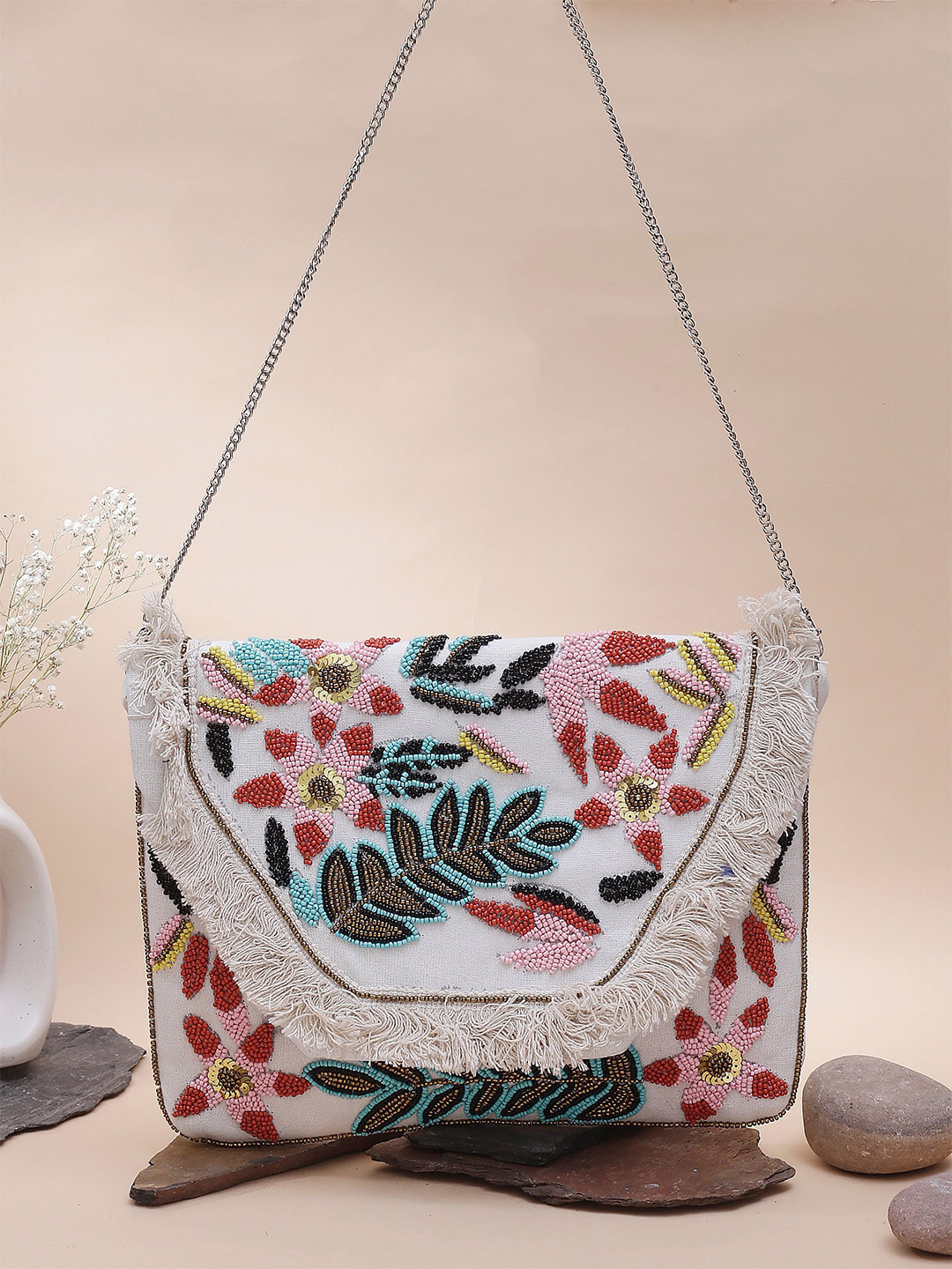 Swisni Beaded Embellished Foldover Clutch