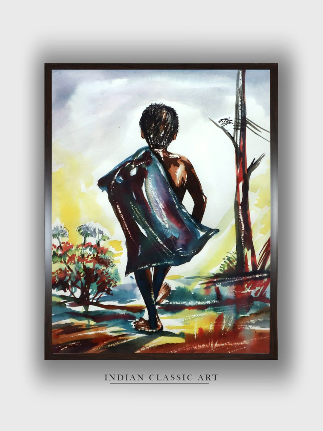 INDIAN CLASSIC ART Brown & Yellow Working Boy Painting Wall Art