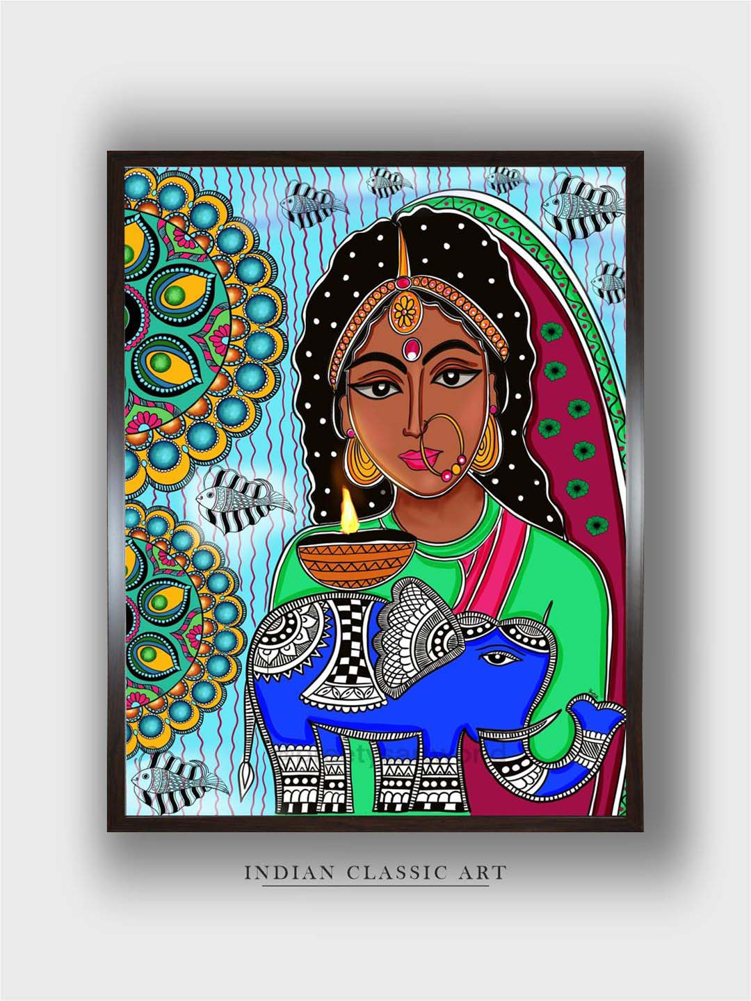 INDIAN CLASSIC ART Blue & Green Madhubani Inspired Framed Painting Wall Art