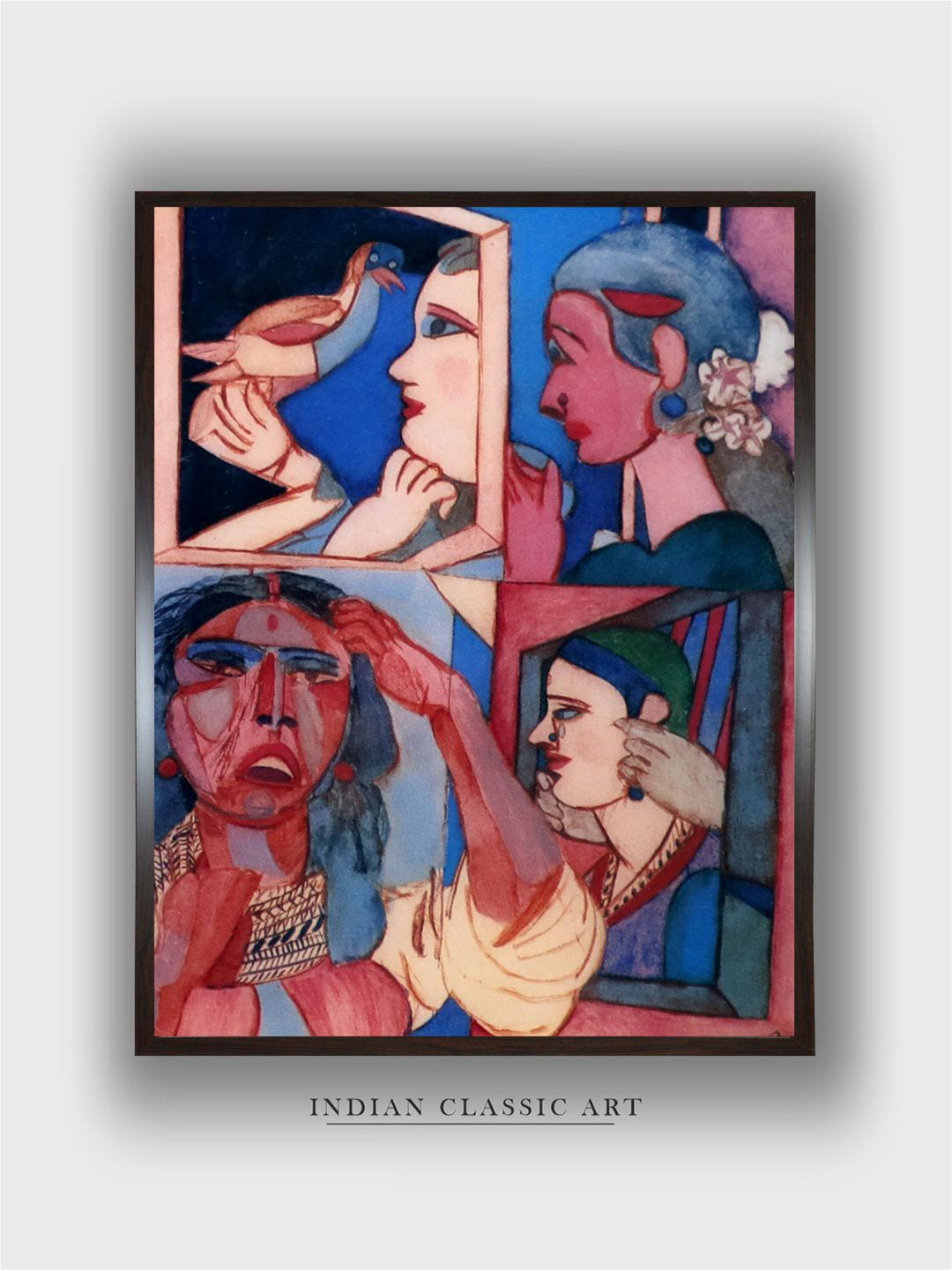 INDIAN CLASSIC ART Red & Blue Framed Painting Wall Art