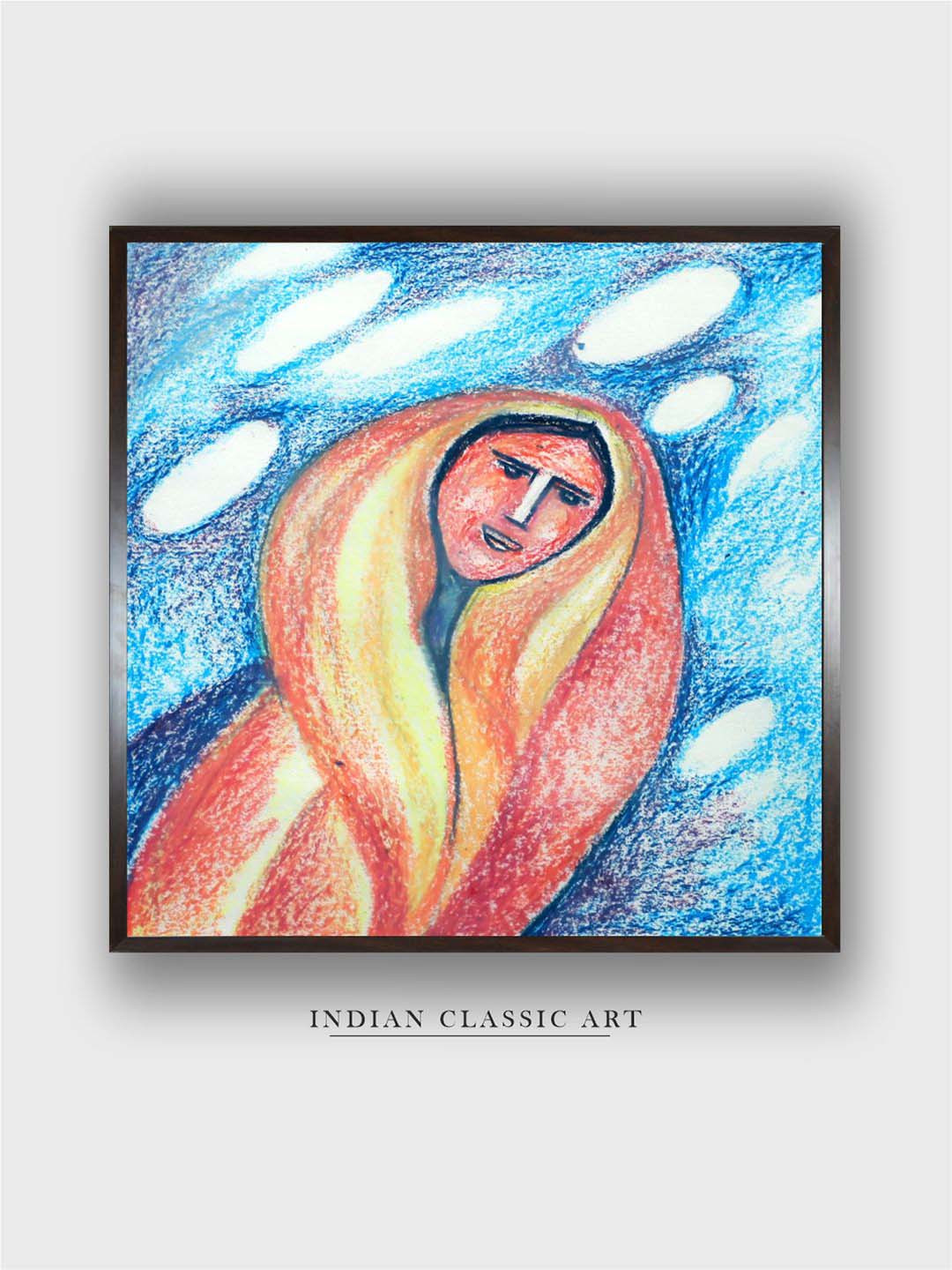 INDIAN CLASSIC ART Blue & Orange Colored Indian Folk Painting Wall Art