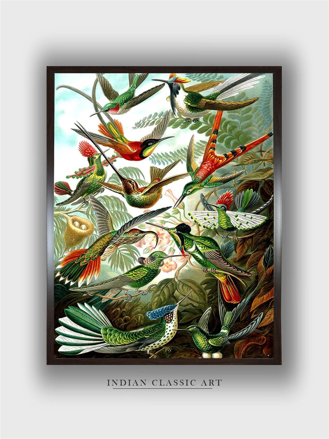 INDIAN CLASSIC ART Green & Red Hummingbird Painting Wall Art