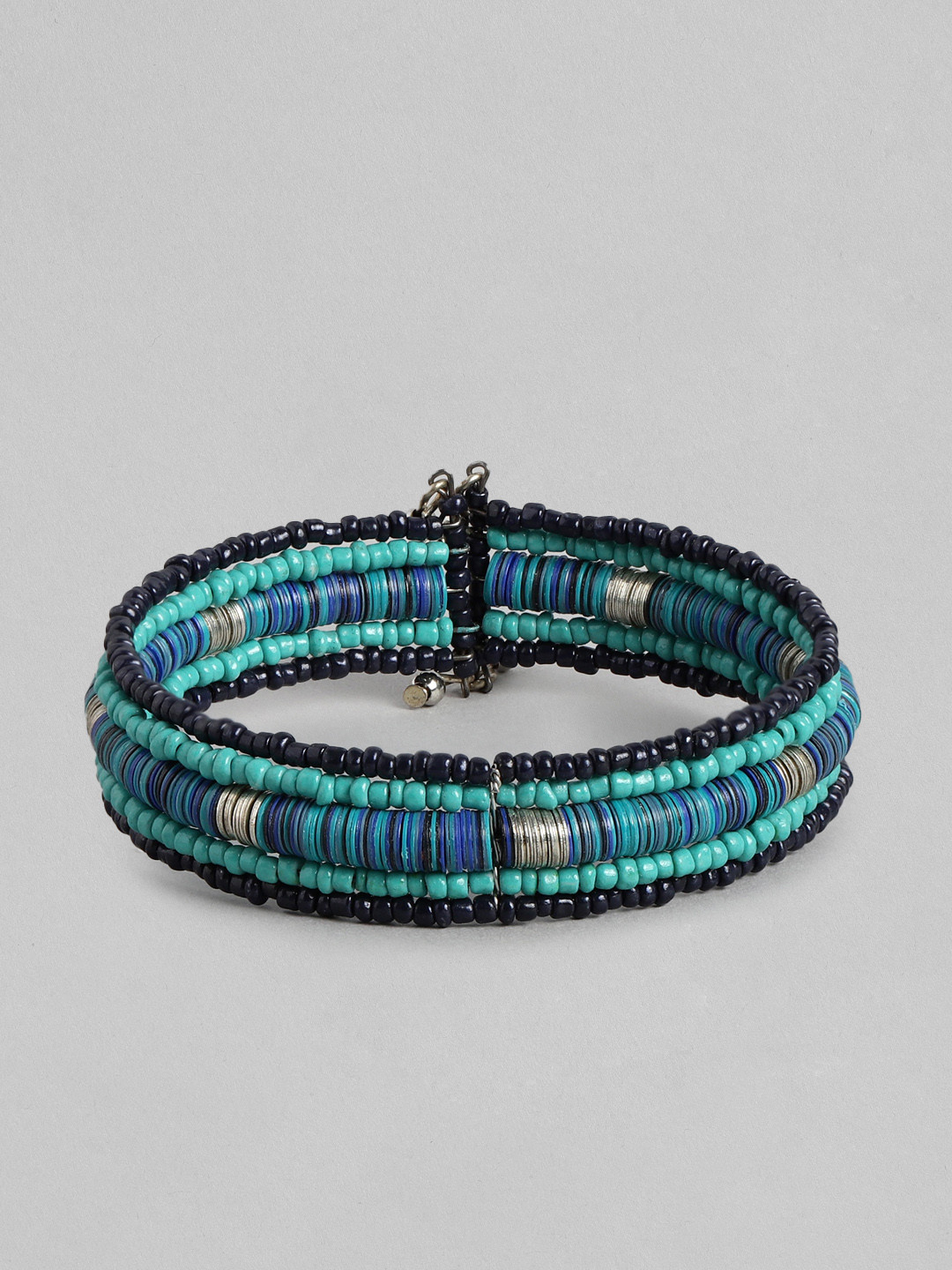 RICHEERA Women Silver-Plated Beaded Multi-Layered Cuff Bracelet