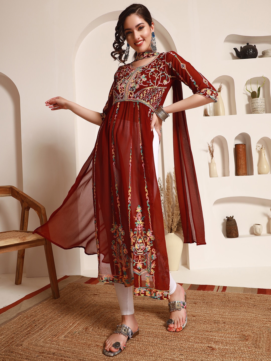 Sangria Ethnic Motifs Embroidered A Line Kurta With Dupatta - Kurtas for Women 24967848 | Myntra