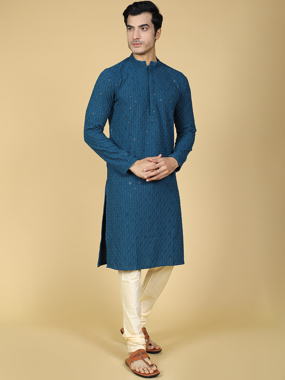 Sultan The King Of Kurta Men Ethnic Motifs Chikankari Cotton Long Sleeve Kurta & Churidar